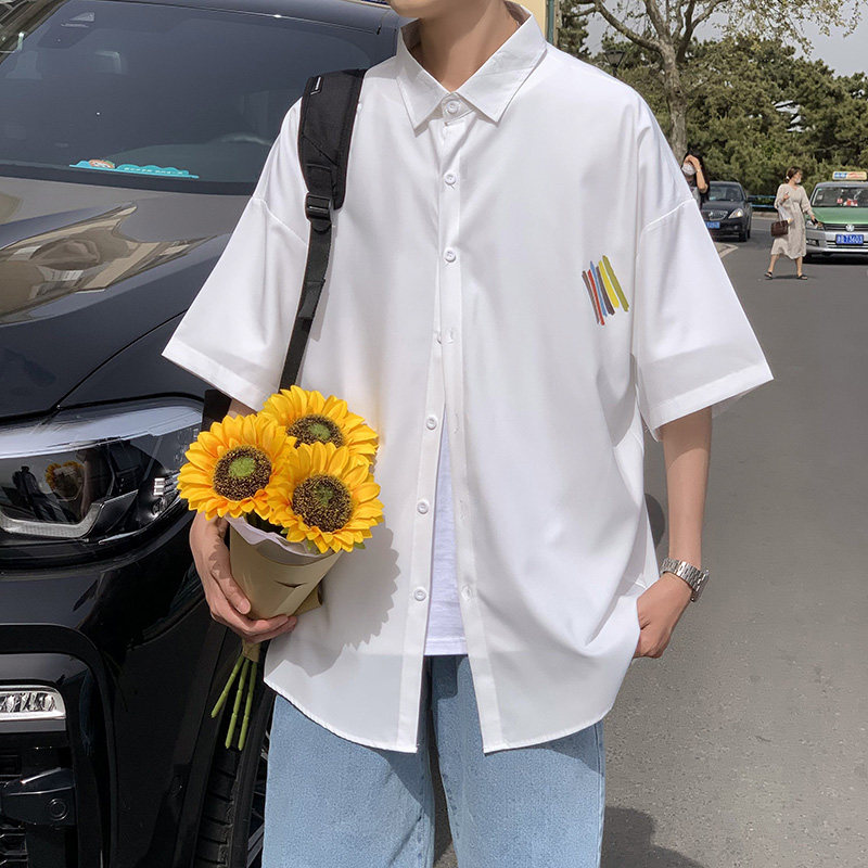 痞帅衬衫中性短袖韩版宽松外套港风ins日系复古百搭衬衣CS13P35,男装衬衫,电商D321A