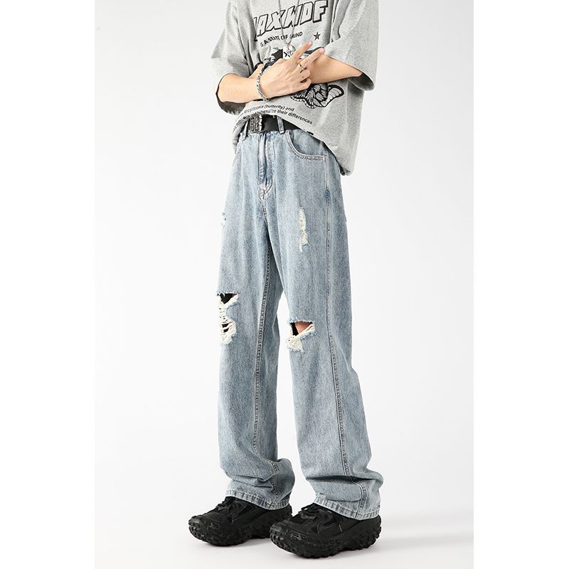 夏季轻薄垂感薄款美式潮牌宽松直筒破洞牛仔裤男K2542-P58，商品下架区商品下架区，电商D321