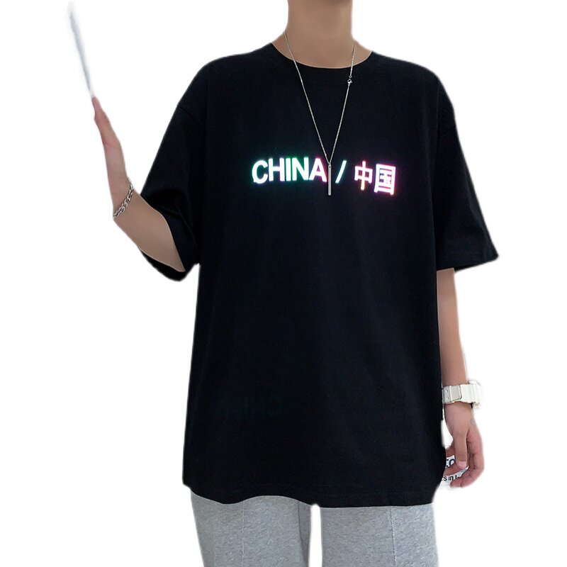 夏季新品潮男女字母七彩反光印花黑白短袖T恤D321T041P28,男装T恤,电商D321A
