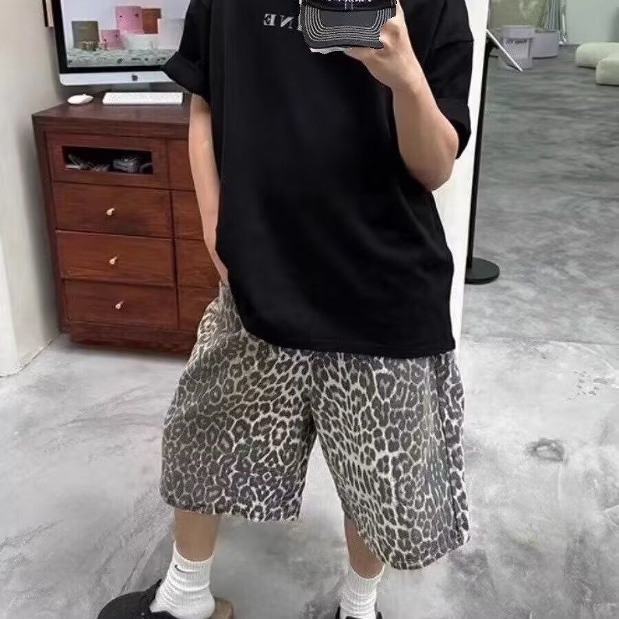 复古豹纹阔腿牛仔短裤男直筒休闲宽松高街痞帅五分裤D15-P45,男装牛仔裤,电商D321