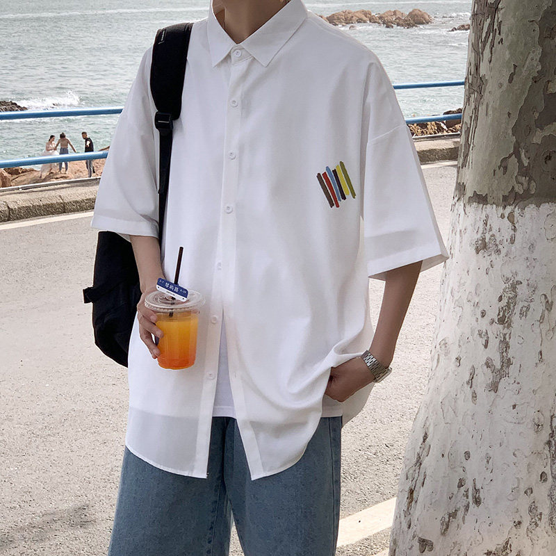 痞帅衬衫中性短袖韩版宽松外套港风ins日系复古百搭衬衣CS13P35,男装衬衫,电商D321A