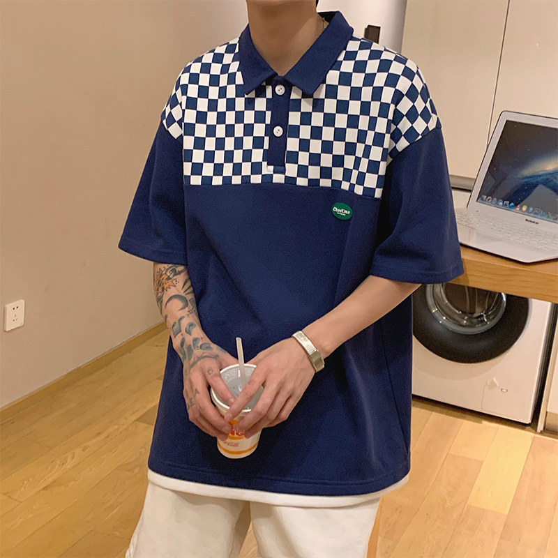 D321 PL605 P45 男士棋盘格短袖polo衫男夏季宽松休闲翻领上衣图片