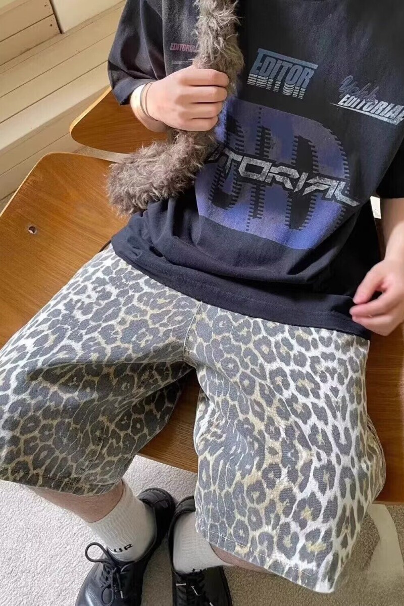 复古豹纹阔腿牛仔短裤男直筒休闲宽松高街痞帅五分裤D15-P45,男装牛仔裤,电商D321
