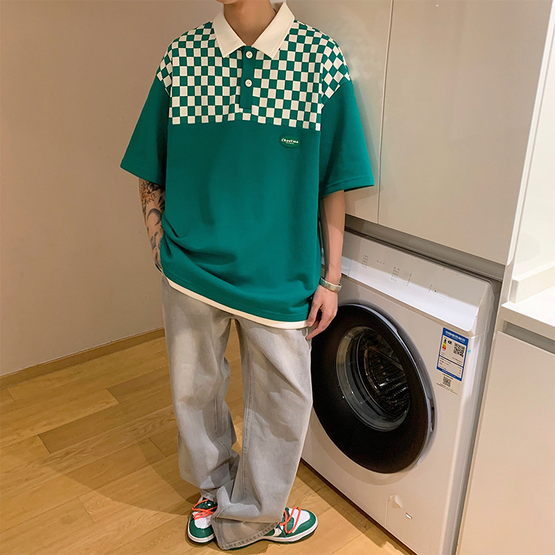 D321PL605P45男士棋盘格短袖polo衫男夏季宽松休闲翻领上衣,男装Polo衫,电商D321A