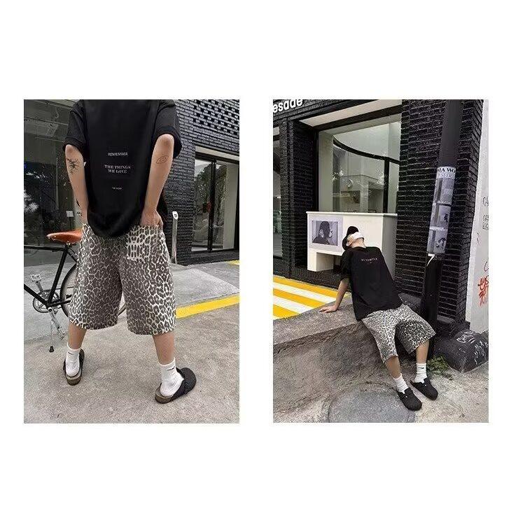 复古豹纹阔腿牛仔短裤男直筒休闲宽松五分裤D15-P45,男装牛仔裤,电商D321