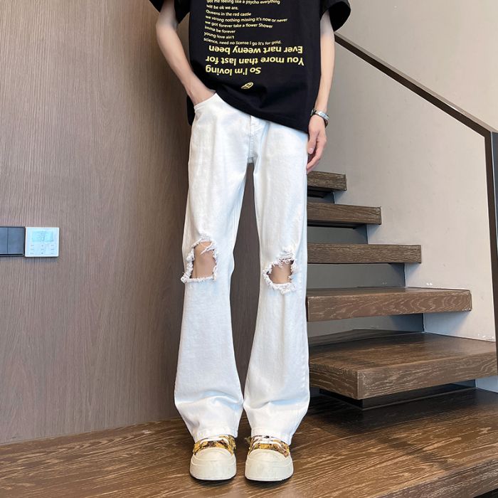 黑色破洞牛仔裤男款夏季修身直筒微喇乞丐裤NK988-P55,男装牛仔裤,电商D321A