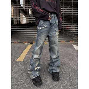 美式街头刀割环扣破洞微喇牛仔裤男女宽松长裤潮N2535-P58