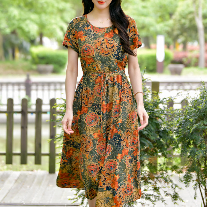 棉绸时尚外穿连衣裙女2024新款休闲度假长裙人造棉中长款圆领裙子