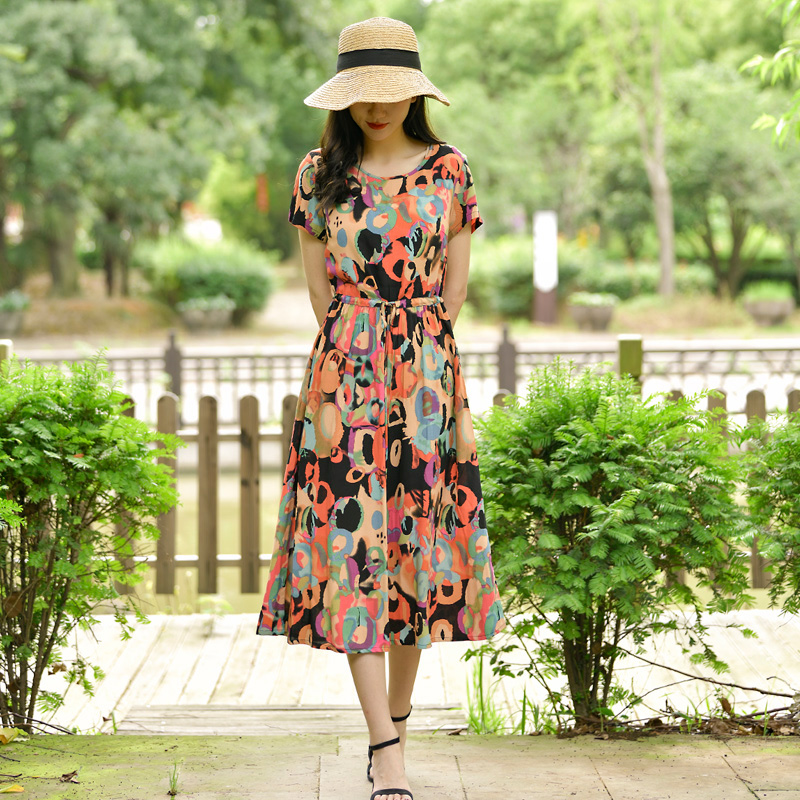 2023新款棉绸连衣裙女夏季时尚收腰显瘦圆领中长款造棉绵印花裙子