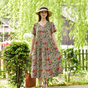夏季新款棉绸连衣裙女短袖V领人造棉外穿时尚洋气度假海边长裙子