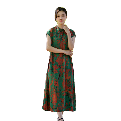 2026夏季新款棉绸连衣裙女气质印花长款改良版旗袍人造棉绵长裙子