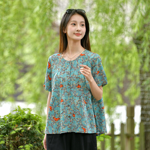 新款 棉绸上衣t恤女宽松大码 2025夏季 时尚 人造棉绵绸短袖 碎花开衫