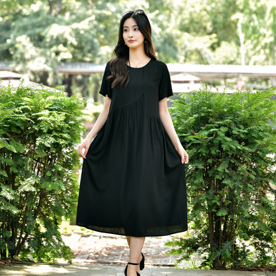 夏季新款纯色棉绸连衣裙女