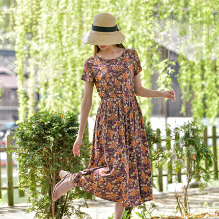 棉绸连衣裙女2025新款夏季时尚中长款人造棉绵印花收腰显瘦长裙子