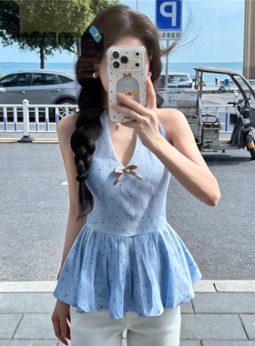 蓝色v领挂脖绝美吊带背心女夏季新款蝴蝶结荷叶边高级设计感上衣