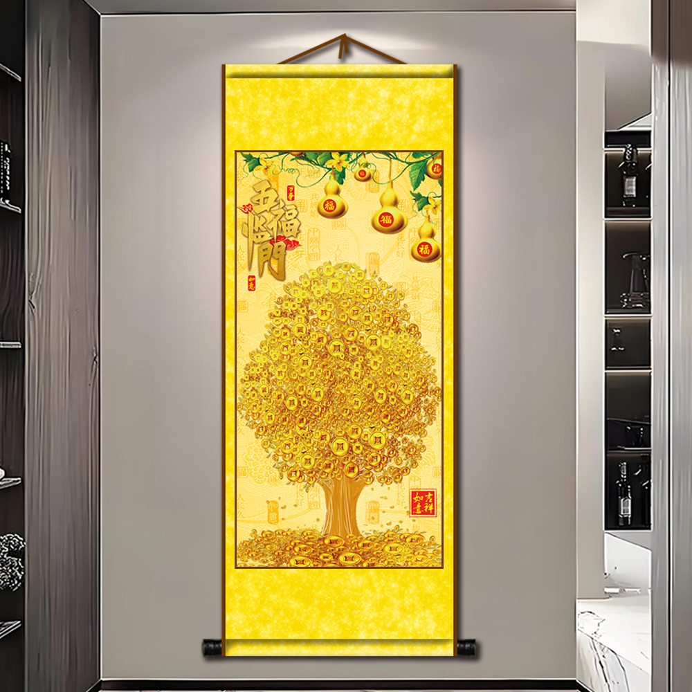 金钱树发财树摇钱树挂画客厅店铺书房玄关春节年画卷轴装饰画图片