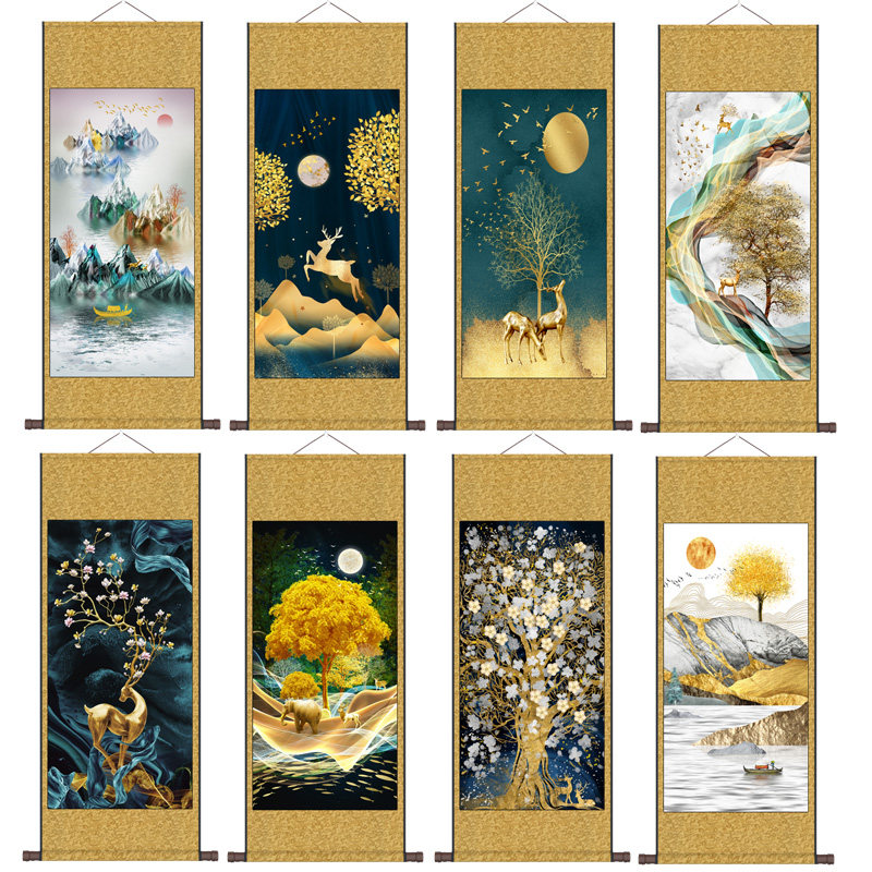 中式禅意挂画金鹿花鸟画招财挂画客厅装饰画礼品画新年画发财树
