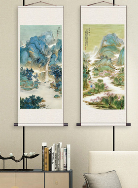 青绿山水茶楼装饰画名家字画山水画国画张大千字画丝绸礼品卷轴画