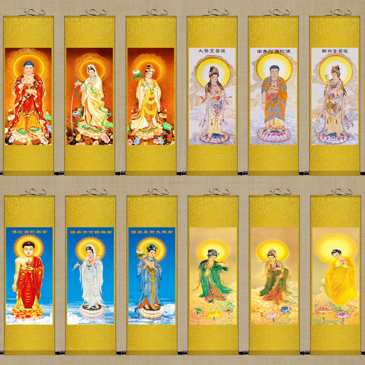 国画佛像西方三圣画像丝绸卷轴挂画客厅寺庙阿弥陀佛装饰画