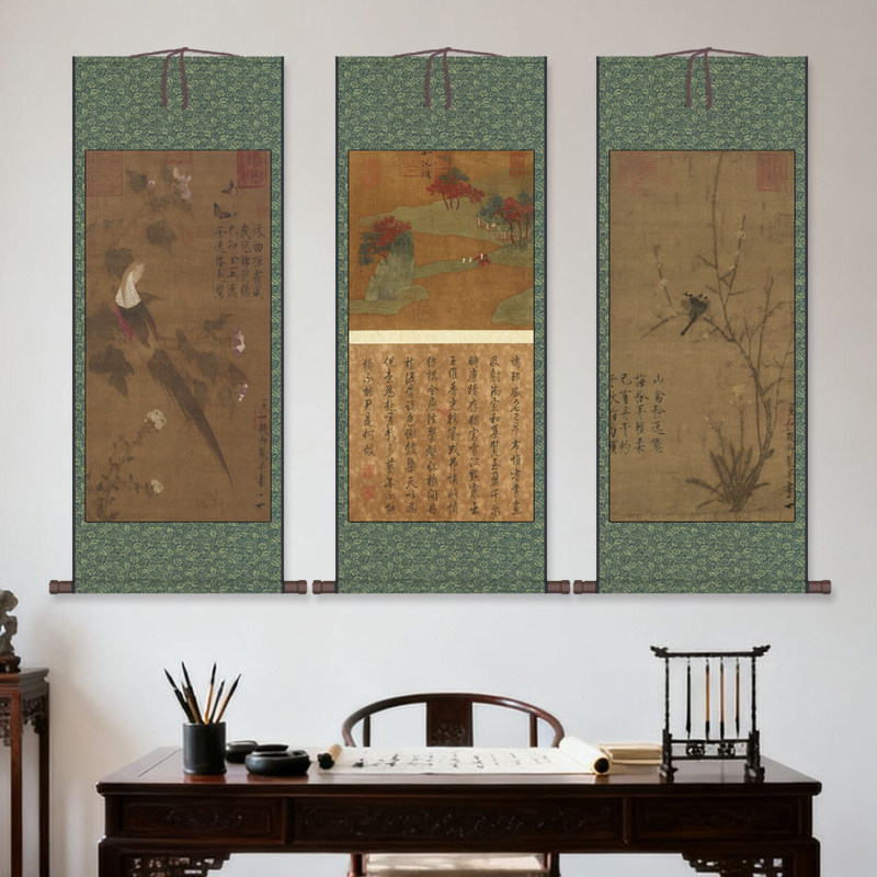 2026新款仿古字画北宋 赵佶 翠壑红桥图名家字画风水卷轴画办公室