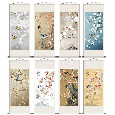 丝绸挂画卷轴礼品画玉兰花办公室