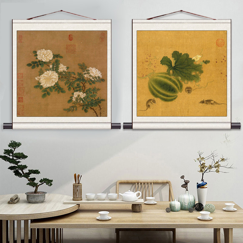 仿古斗方花鸟画清雅荷花丝绸画挂画卷轴画客厅卧室装饰画酒店壁画