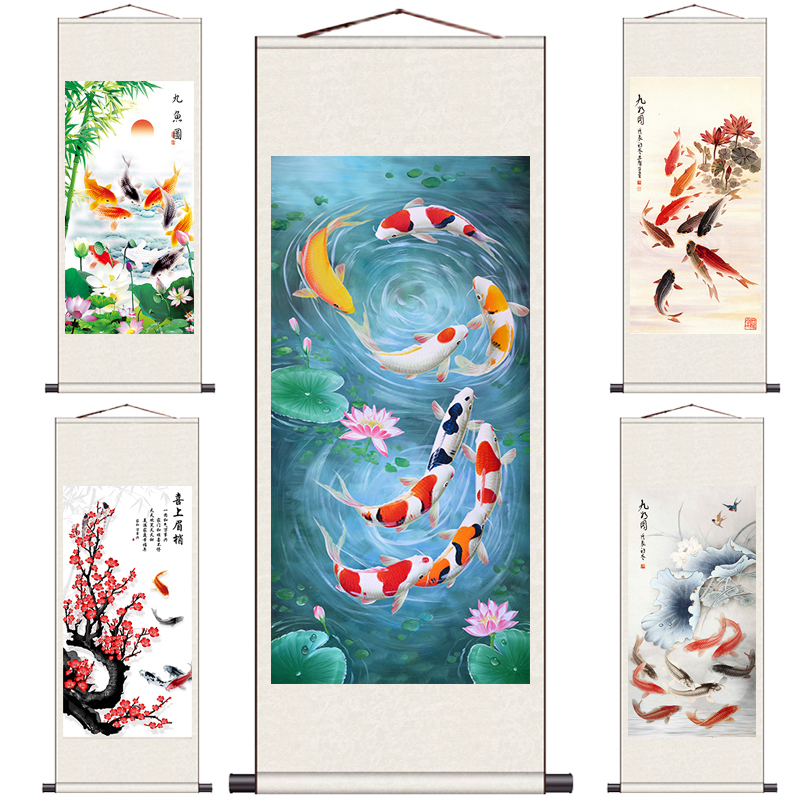 送礼水墨字画荷花花鸟画招财风水九鱼客厅装饰挂画办公室装饰定制图片