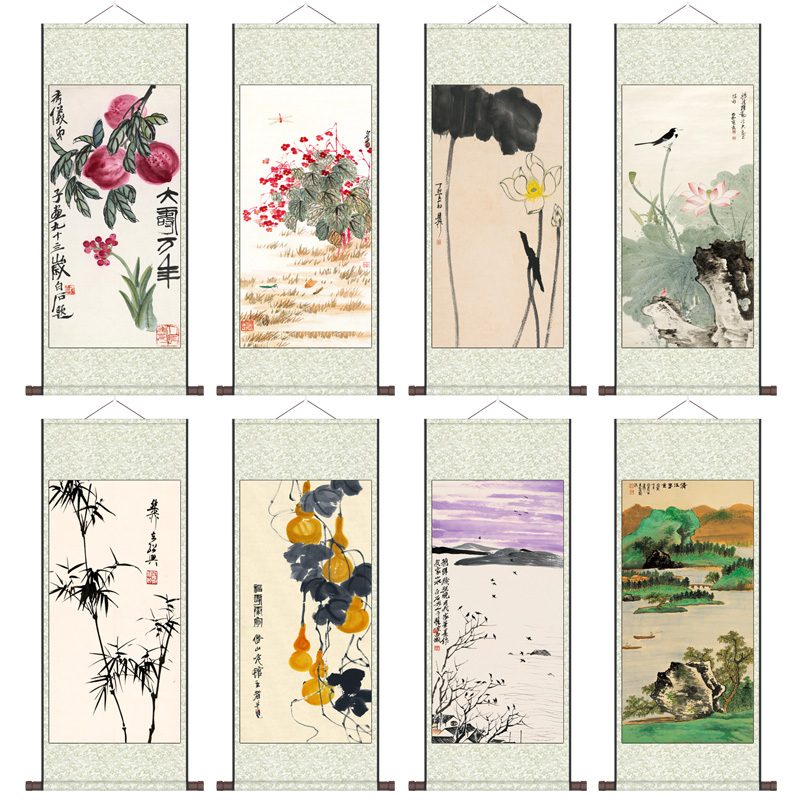 齐白石山水花鸟画名家画书房字画卷轴礼品客厅装饰画多寿图水墨荷