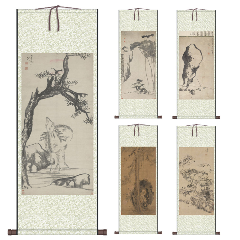 墨荷芍药图花鸟动物字画挂画风水挂画八大山人仿古画松石牡丹卷轴