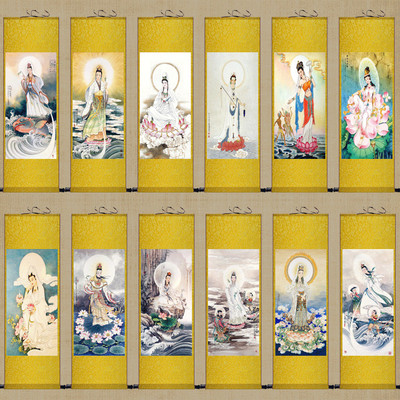 观音菩萨风水挂画条幅观音大士装饰画丝绸卷轴莲花观音玄关画