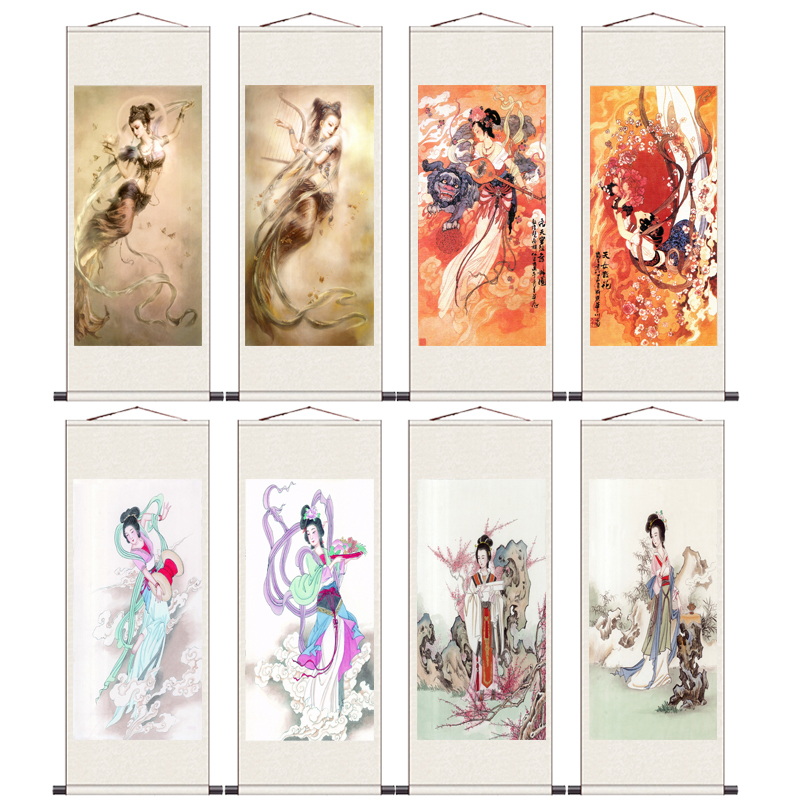 敦煌飞天仕女图丝绸挂画卷轴画茶楼装饰画中式卷轴梅花仕女图定制