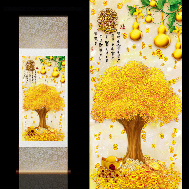 发财树元宝招财挂画客厅玄关风水画葫芦富贵如意茶楼装饰画送客户