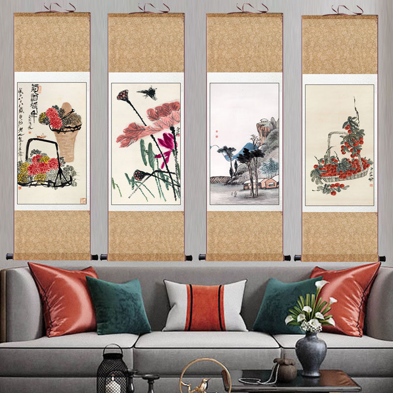 齐白石发财葫芦花鸟挂轴字画卷轴丝绸壁画装饰画水墨虾名家字画