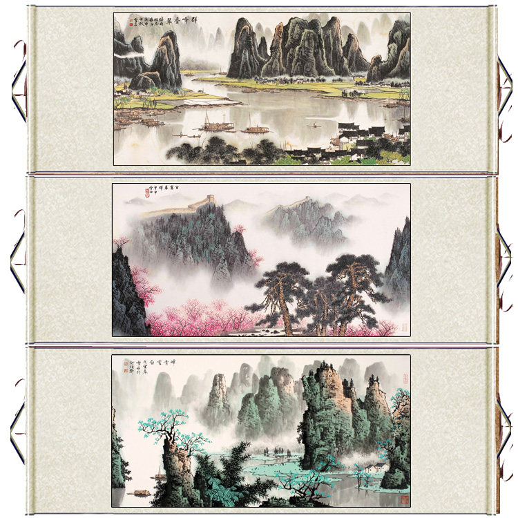 白雪石横幅挂画丝绸卷轴画客厅装饰画漓江山水茶楼壁画风水玄关画