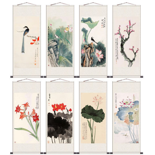 红梅荷花图国画名家字画丝绸卷轴画条幅花鸟画双猴图风水挂画红叶