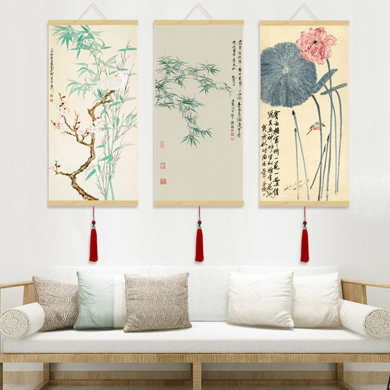 荷花竹子挂画丝绸画书房装饰画新中式卷轴画高清字画礼品茶楼走廊
