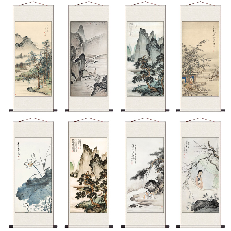 陈少梅山水挂画名家卷轴画写真字画定制梅花仕女图国画丝绸画玄关