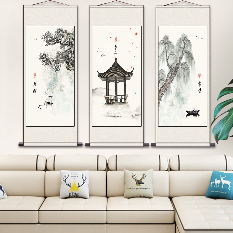 杨柳泛舟山水挂画丝绸卷轴画壁画礼品茶楼装饰画禅意花鸟平安富贵
