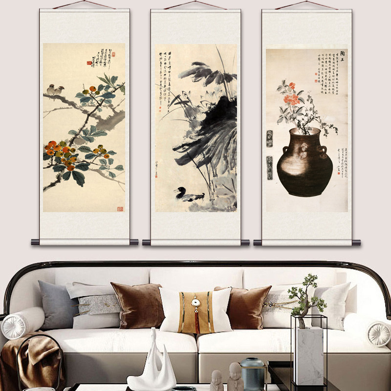 山水花鸟仿古字画花开富贵水墨驴图丝绸礼品送客户条幅荷花客厅画