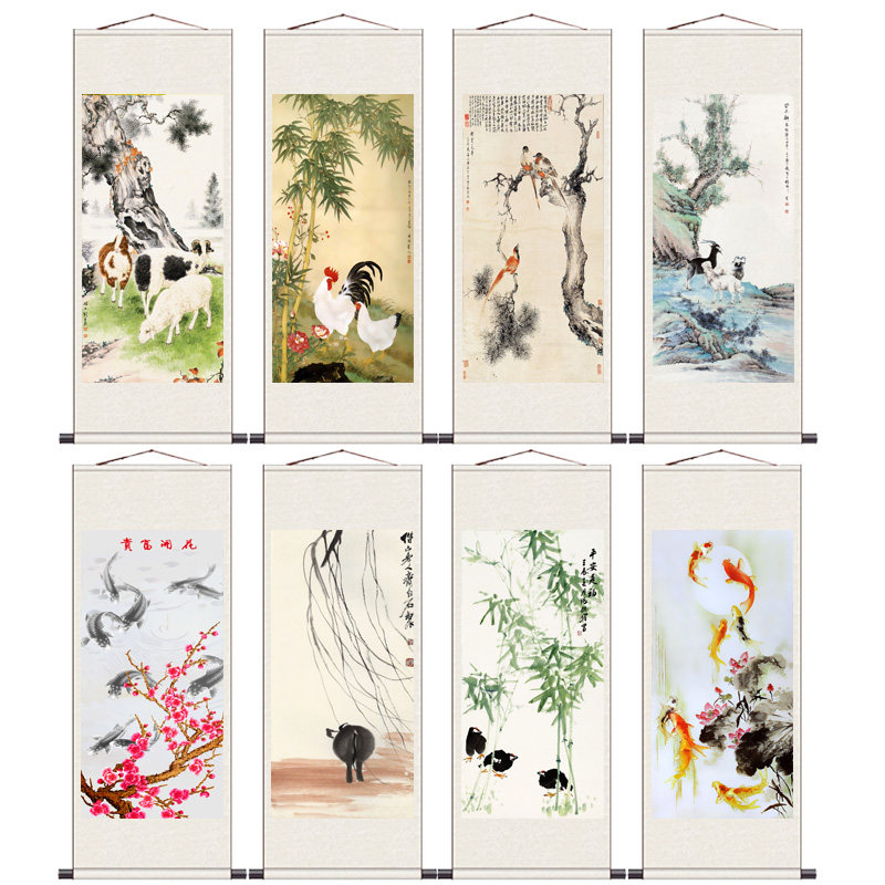 名家水墨画竹鸡图风水桃花喜鹊卷轴画中国风挂画竖版花鸟画九鱼图