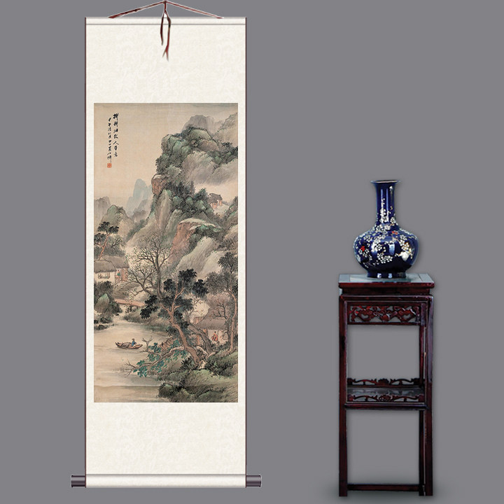 风水丝绸画山水人家水墨书画书房客厅玄关摆件礼品画送老外定制