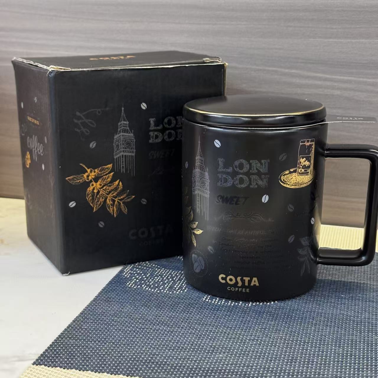 COSTA咖啡简史黑系列马克杯陶瓷杯茶滤不锈钢黑咖啡杯办公室便携图片