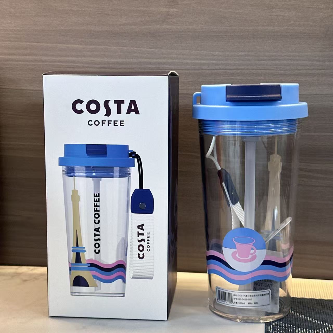 COSTA夏日律动随行杯巴黎铁塔设计520ml蓝色杯盖配彩色挂绳食品级