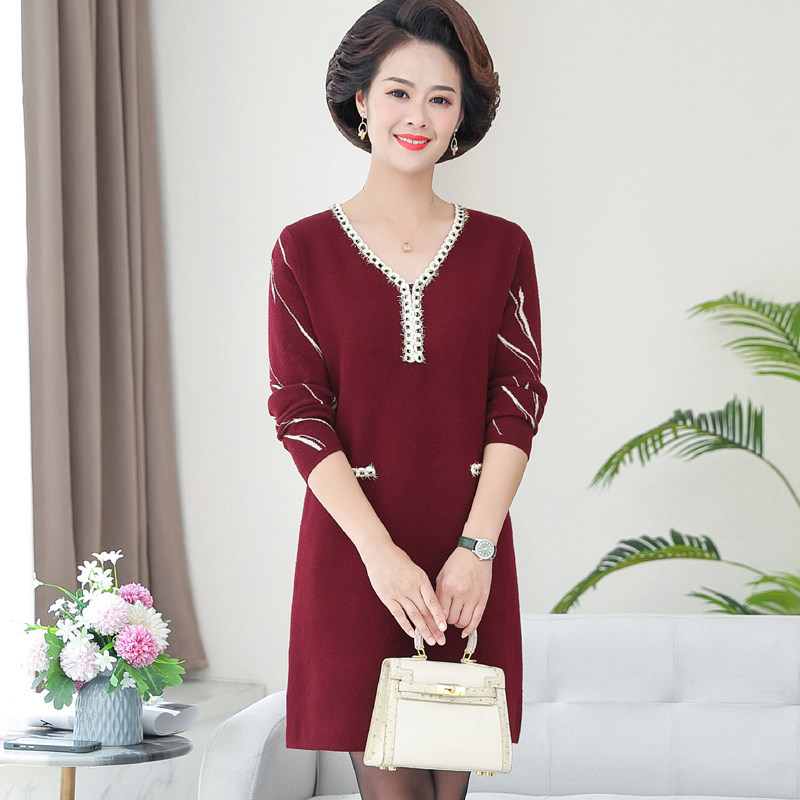 妈妈装秋冬打底衫长袖连衣裙中老年女装礼服毛衣旗袍针织衫180斤