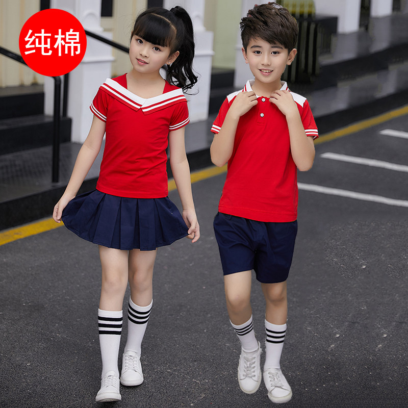 幼儿园园服夏装小学生校服2019夏季新款纯棉红色运动套装批发订做