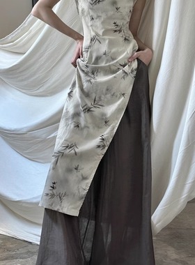 现货/新中式清冷套装竹叶小众设计气质复古拖地阔腿长裤开衩旗袍