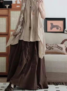 现货/植物系废士风咖啡色设计感半身裙文艺百搭长裙小众裙子高级