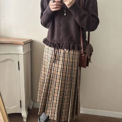 现货/抽绳木耳边格纹拼接中长半身裙低腰牛筋百褶裙显瘦古着裙子