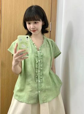 现货/绿色木耳边上衣女衬衫清新绿色衬衣减龄显瘦V领短袖宽松百搭