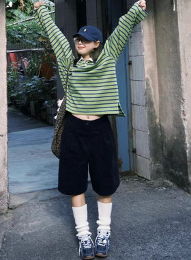 现货/复古美式条纹男友风polo衫拼接休闲长袖上衣T恤百搭宽松新款